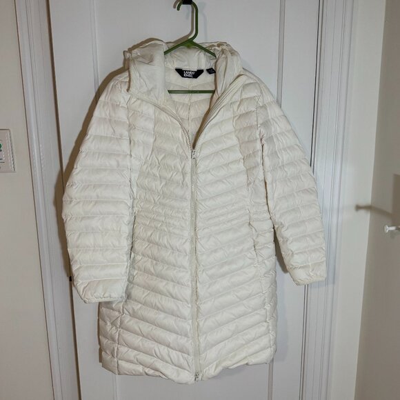 Land's End Wanderweight knee-length packable down coat for women, ivory, size LP - Picture 1 of 15